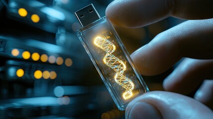 Human fingers holding luminescent double-helix dna branch inside a transparent usb key. The male connector is visible on upper side of usb key. 
