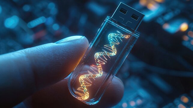 Human fingers holding luminescent double-helix dna branch inside a transparent usb key. The male connector is visible on upper side of usb key. 