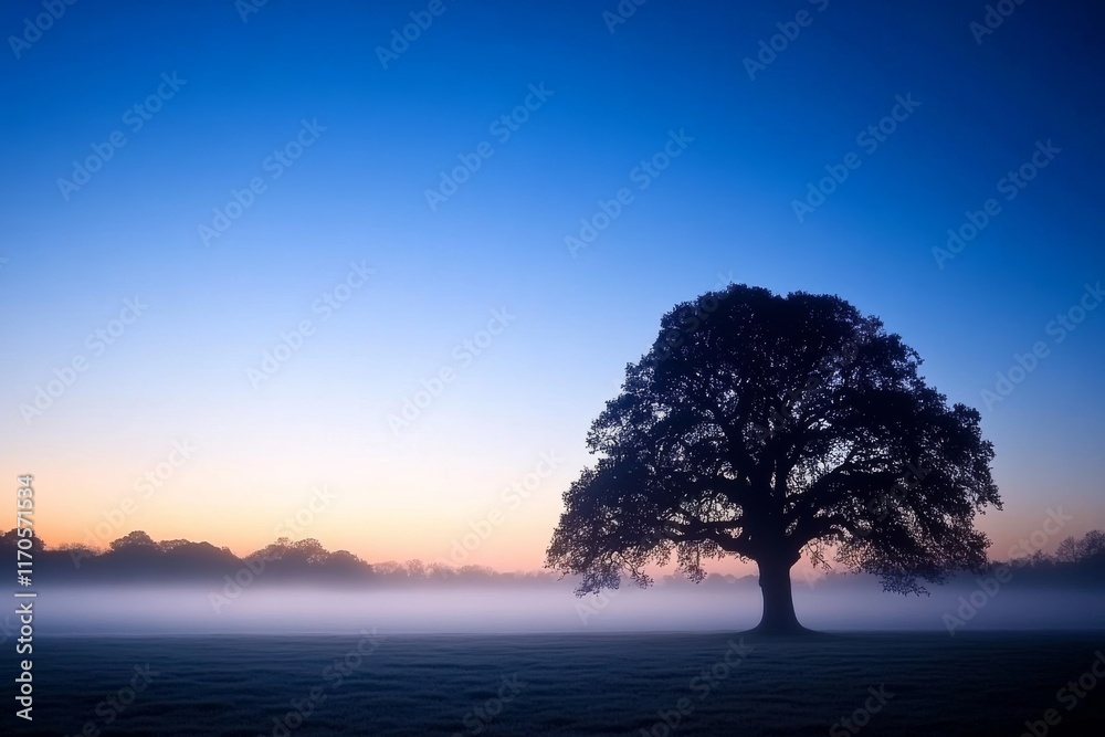 Aufkleber a wide-angle view captures a serene meadow enveloped in mist, with a solitary tree silhouetted again