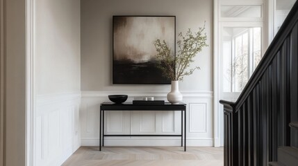 Hallway featuring a black console table with decorative vase and artwork against neutral walls for an elegant touch
