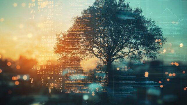 Glowing double exposure captures the essence of retirement in a tranquil outdoor setting with a sunset backdrop