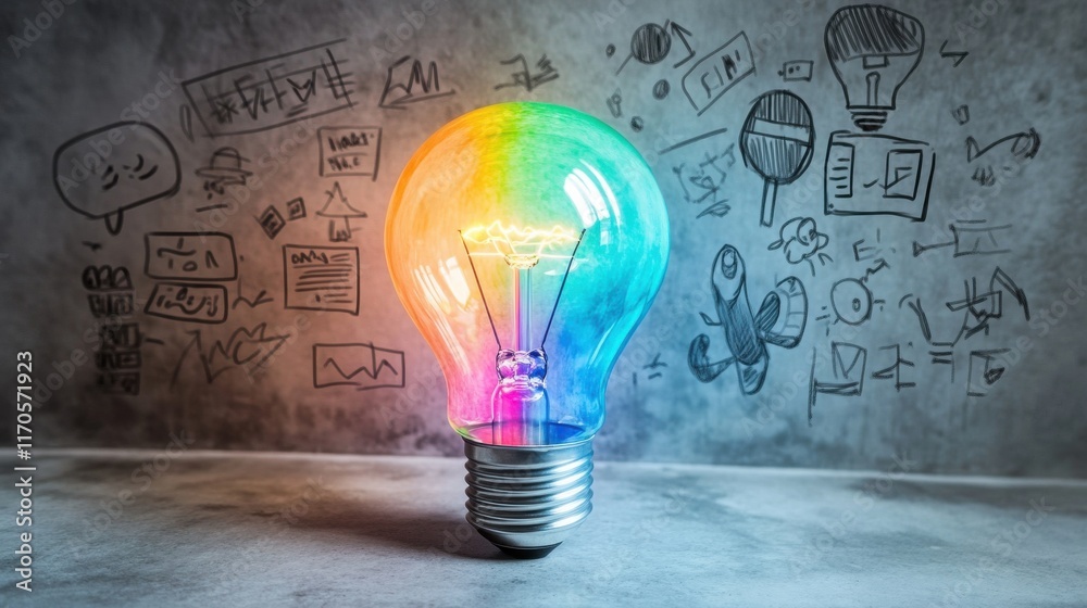 Poster futuristic light bulb glowing softly with rainbow colors among symbolic sketches on a grey backdrop