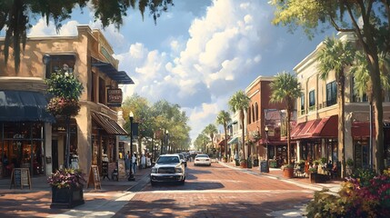 Sunny Day Scene Of A Charming Brick Street Town