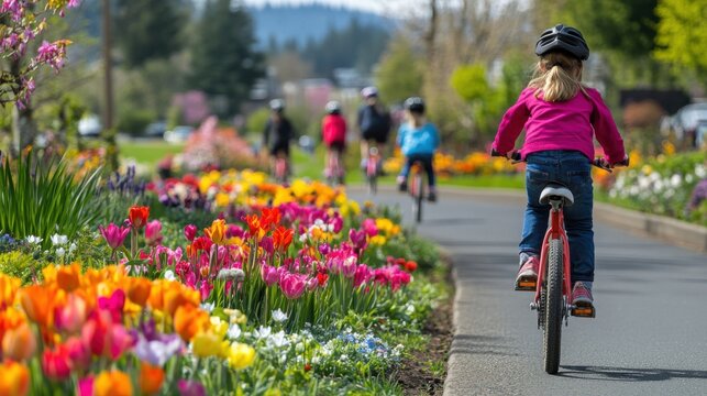 Family-friendly cycling event showcases children riding through a vibrant flower garden in a serene neighborhood