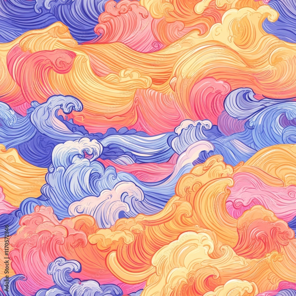 Poster dynamic watercolor doodle featuring swirling waves in vibrant colors across a textured background