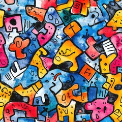 Fototapeta premium Colorful doodle patterns with abstract shapes and playful designs in dynamic watercolor style