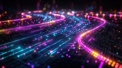 Fototapeta premium Flowing digital data streams and particles.