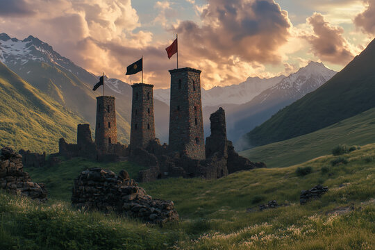 Photo of Ushguli, a ruined medieval town with seven tall stone towers in the mountains of Ingushetia, on a summer evening. 