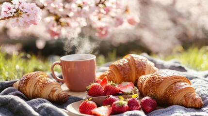 Cozy spring breakfast picnic featuring fresh croissants and strawberries in a serene outdoor setting