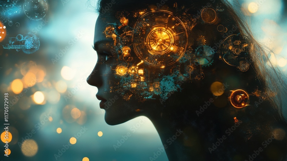 Poster Conceptual visualization of a woman's thoughts illuminated by gears and abstract patterns in a dreamlike setting