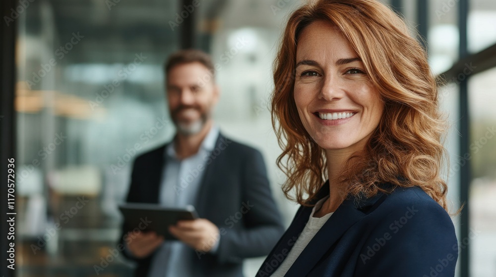 Aufkleber professional woman smiling confidently in a modern office setting with a colleague in the background