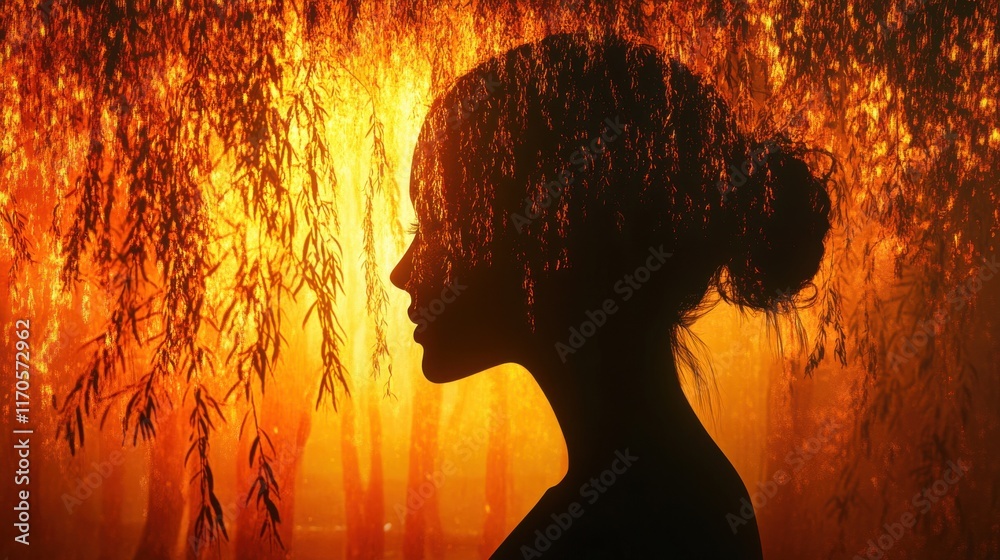 Poster silhouette of a woman amid golden sunlight filtering through tree branches in a tranquil setting