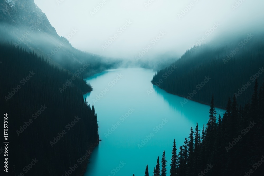 Poster misty mountain lake mirrors the soft light of dawn, surrounded by tall pine trees, creating a serene