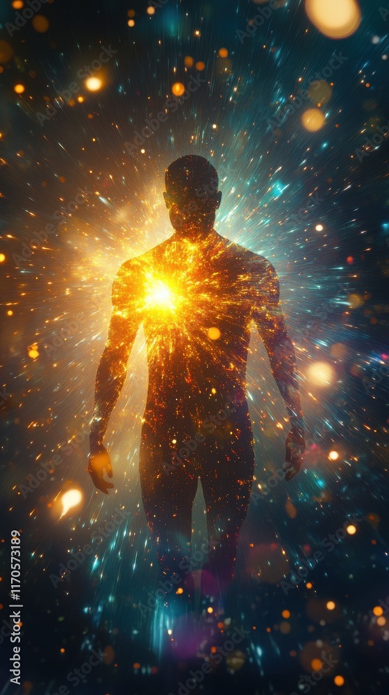 Aufkleber conceptual representation of a glowing man surrounded by cosmic energy in a vivid, imaginative setti