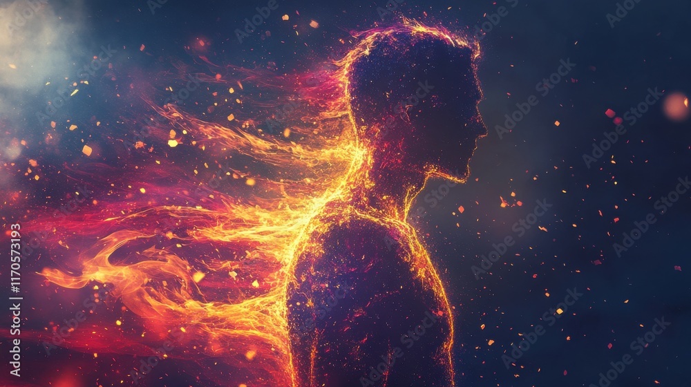 Aufkleber man illuminated by fiery energy in a cosmic landscape at dusk showcasing artistic expression and spi