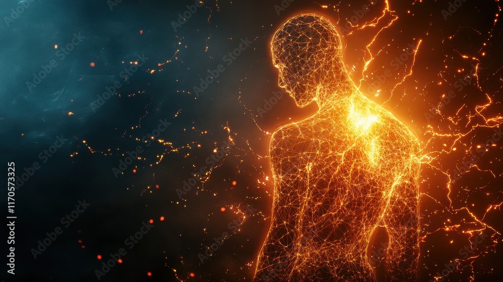 Aufkleber conceptual depiction of a glowing man surrounded by sparks in a mystical atmosphere