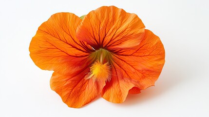 Vibrant orange nasturtium blossom on white.  Garden flower, close-up shot, edible petals.