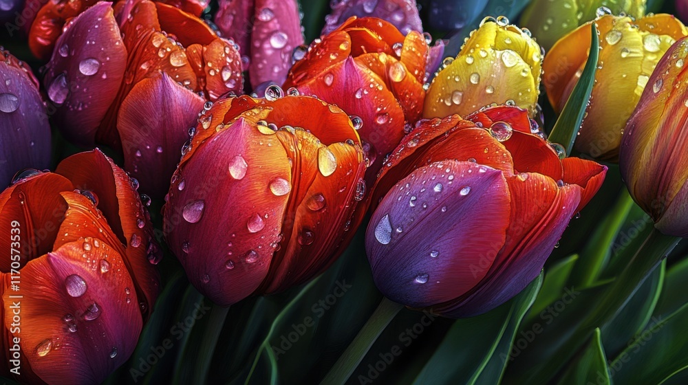 Poster Brightly colored tulips adorned with raindrops create a stunning display in a garden setting during springtime