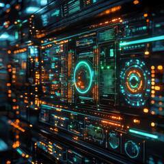 Obraz premium Futuristic server room with glowing panels and digital interface.