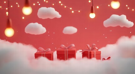 Fototapeta premium Valentine's Day background with clouds, lights, and gift boxes and heart-shaped light decorations