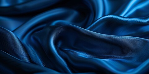 Obraz premium Blue wavy smooth shiny silk fabric texture luxurious background with copy space