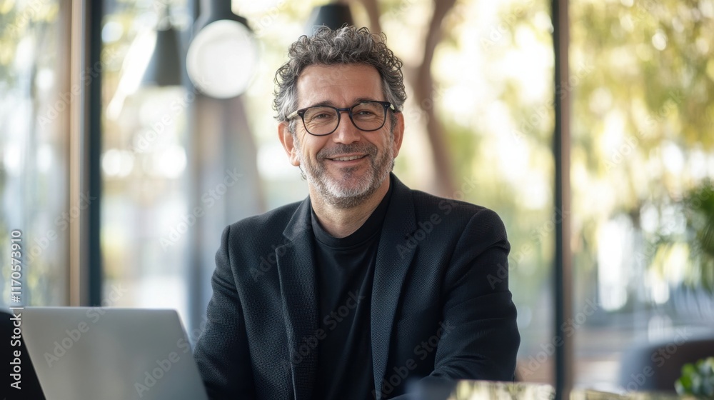 Poster smiling man in a black jacket working on a laptop in a bright, modern workspace during a productive 