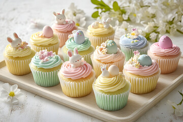 Pastel cupcakes in pink, blue, yellow, and green with Easter-themed fondant decorations.