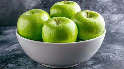 Fresh green apples in a white bowl on a textured surface.