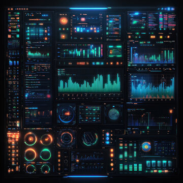 Futuristic control panel with glowing graphs and dials.