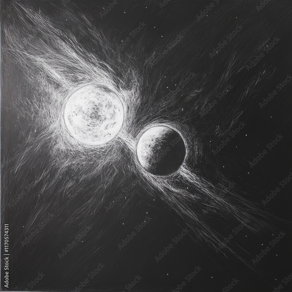 Poster Exploration of a binary star system with two suns in close orbit against a cosmic backdrop