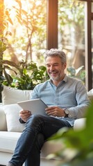 Fototapeta premium Engaging senior man enjoying tablet while relaxing in a bright indoor garden space filled with vibrant plants