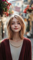 Obraz premium Vibrant minimalist portrait of a young woman in a charming street setting during golden hour