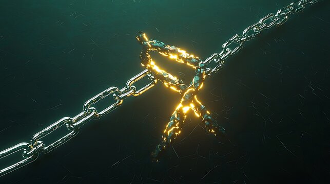 A chain is shown with a broken link and a golden X