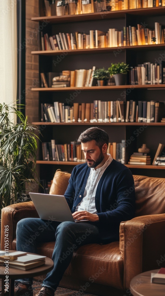 Poster Serene moment of a man working on a laptop in a cozy library setting during the afternoon