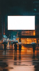 Rainy evening in the city with reflections and silhouettes under umbrellas on a deserted urban street