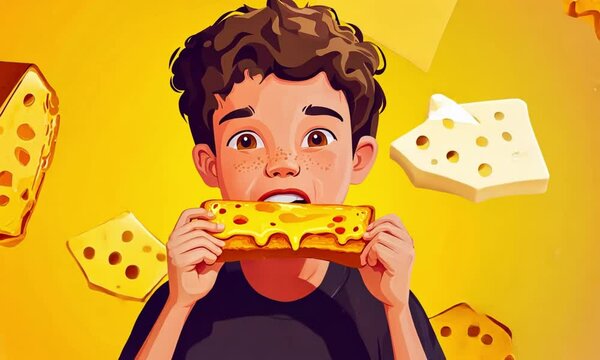 Joyful Boy Devouring a Melty Cheese Toast Against a Vibrant Yellow Background