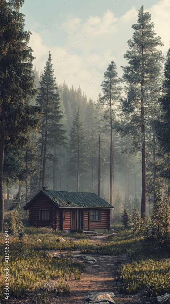 Poster charming wooden cabin nestled in a tranquil forest surrounded by towering pine trees at dawn