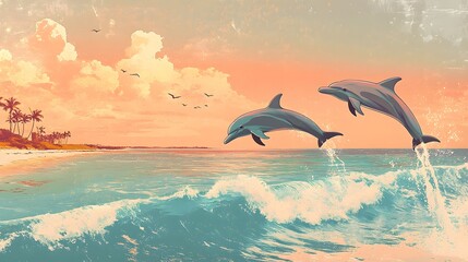 Dolphins Leap Over Ocean Wave at Sunset Beach