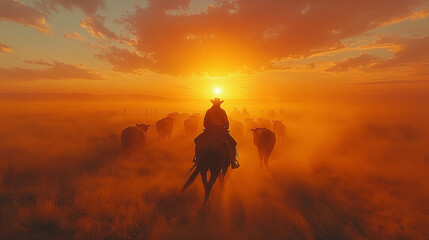 Fototapeta premium Cowboy with horse at a sunset