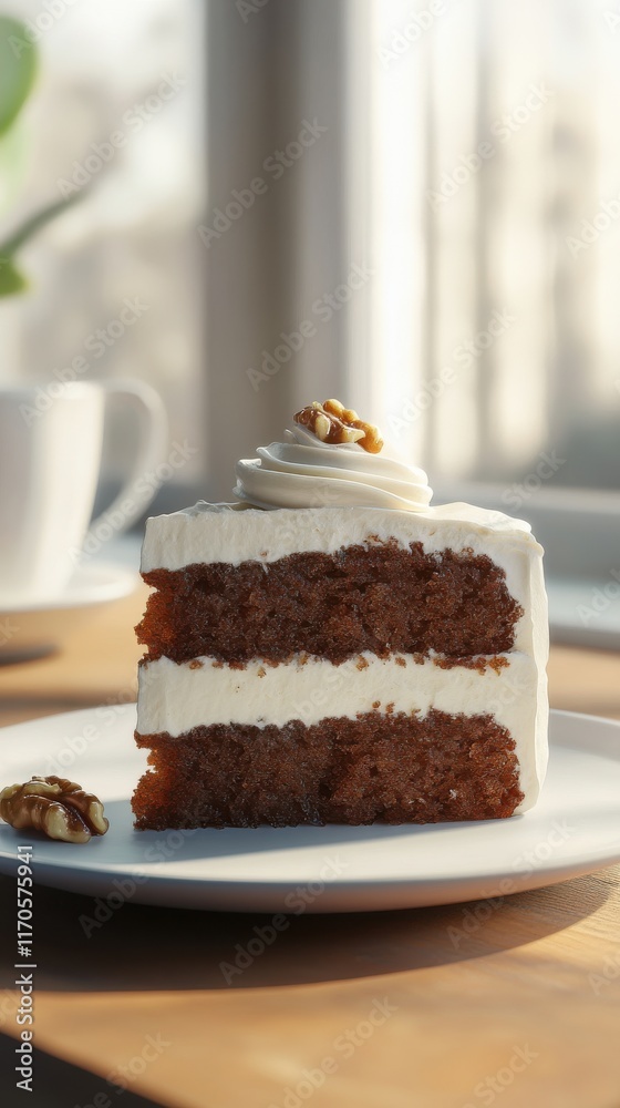 Aufkleber Close-up view of a delectable slice of cake with rich layers and creamy frosting on a wooden table in a cozy setting