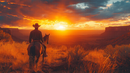 Cowboy with horse at a sunset