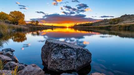 Scenic sunset reflecting on calm water with a prominent rock in the foreground.