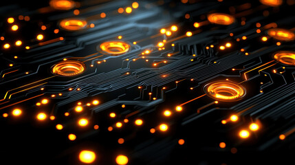 Naklejka premium Futuristic circuit board with glowing orange lights.