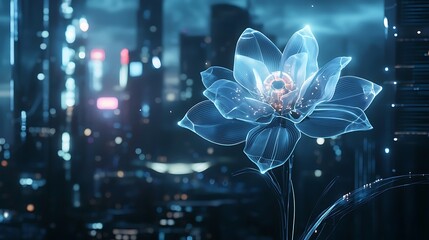 Fototapeta premium A flower is shown in a cityscape with a blue hue