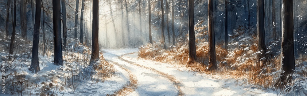 Poster Winter pathway through a tranquil forest with soft sunlight filtering through trees