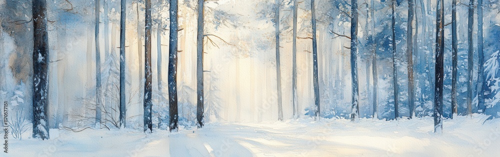 Poster winter forest landscape with soft light filtering through trees amid a snowy path in a watercolor st