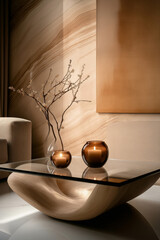 Minimalistic coffee table in the interior made of glass and natural wood materials.