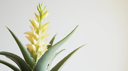 Obraz premium Blooming aloe vera plant indoor, minimalist background, home decor, natural beauty.