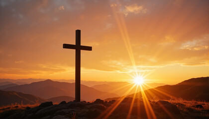 Silhouette cross against sunset over mountains, Easter theme