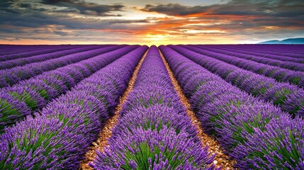 Naklejka premium Vibrant lavender fields at sunset under a dramatic sky.